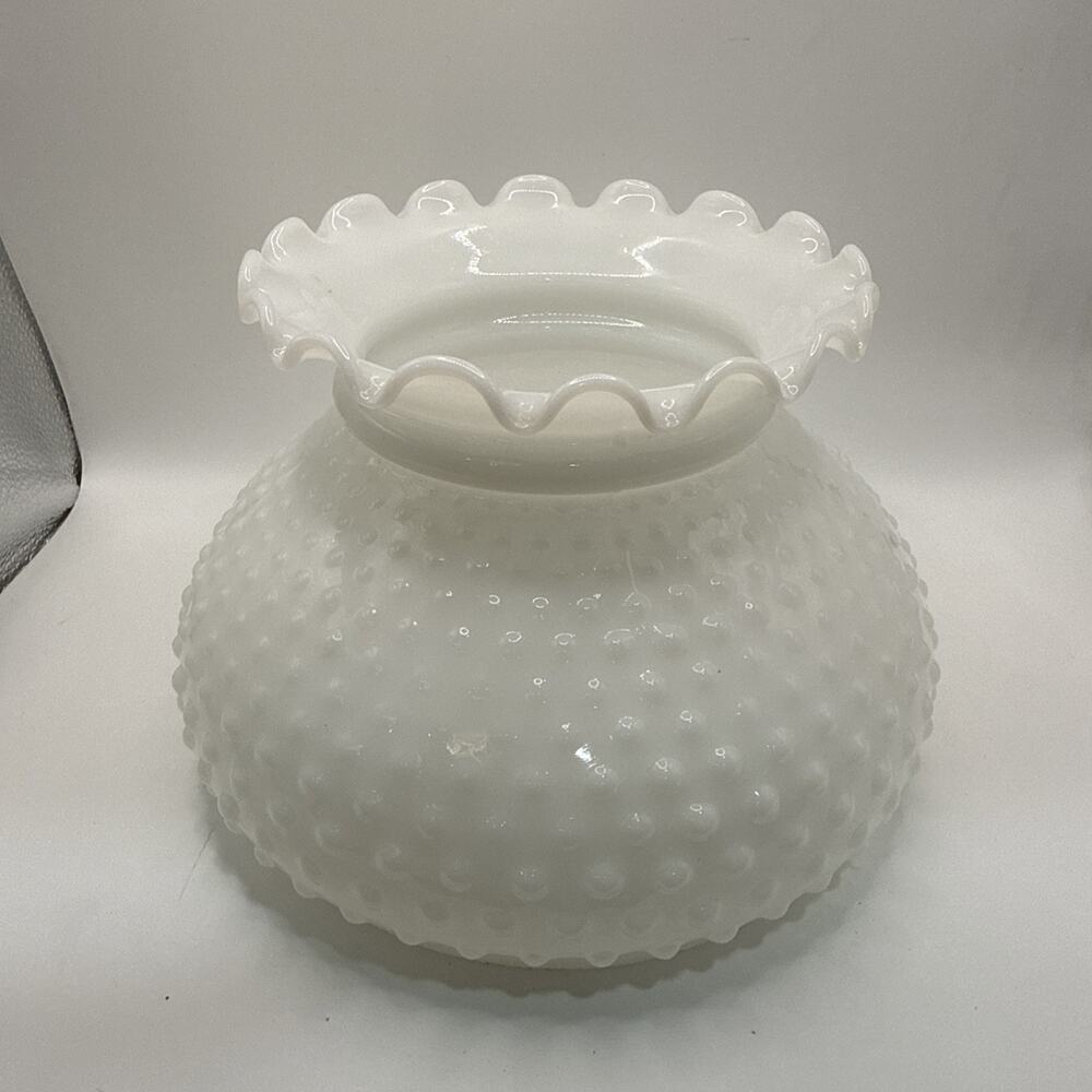 Vintage Ruffled Top Milk Glass Hobnail Student Glass Lamp Shade with 7” Fitter